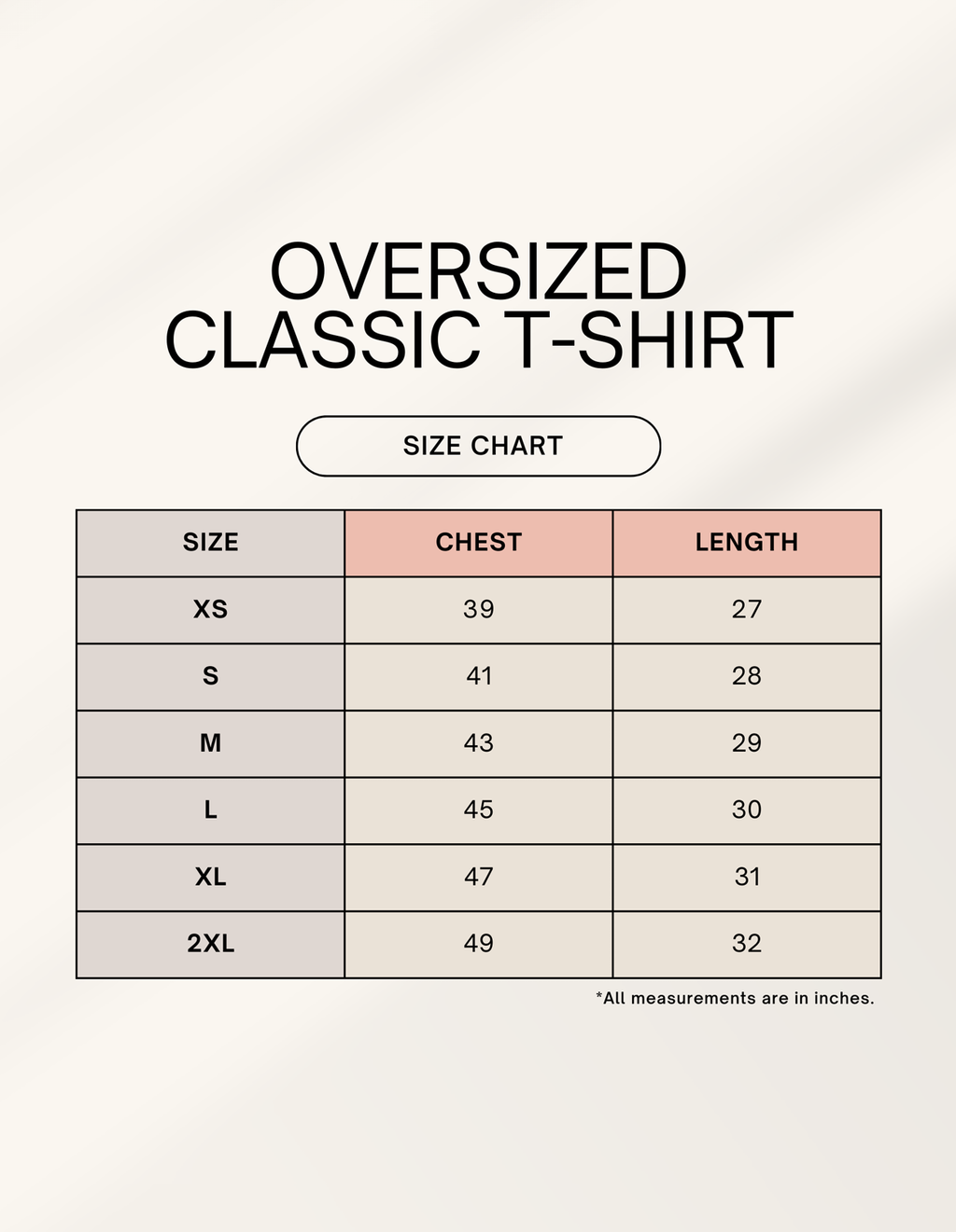 Goal physique oversized T-shirt size chart