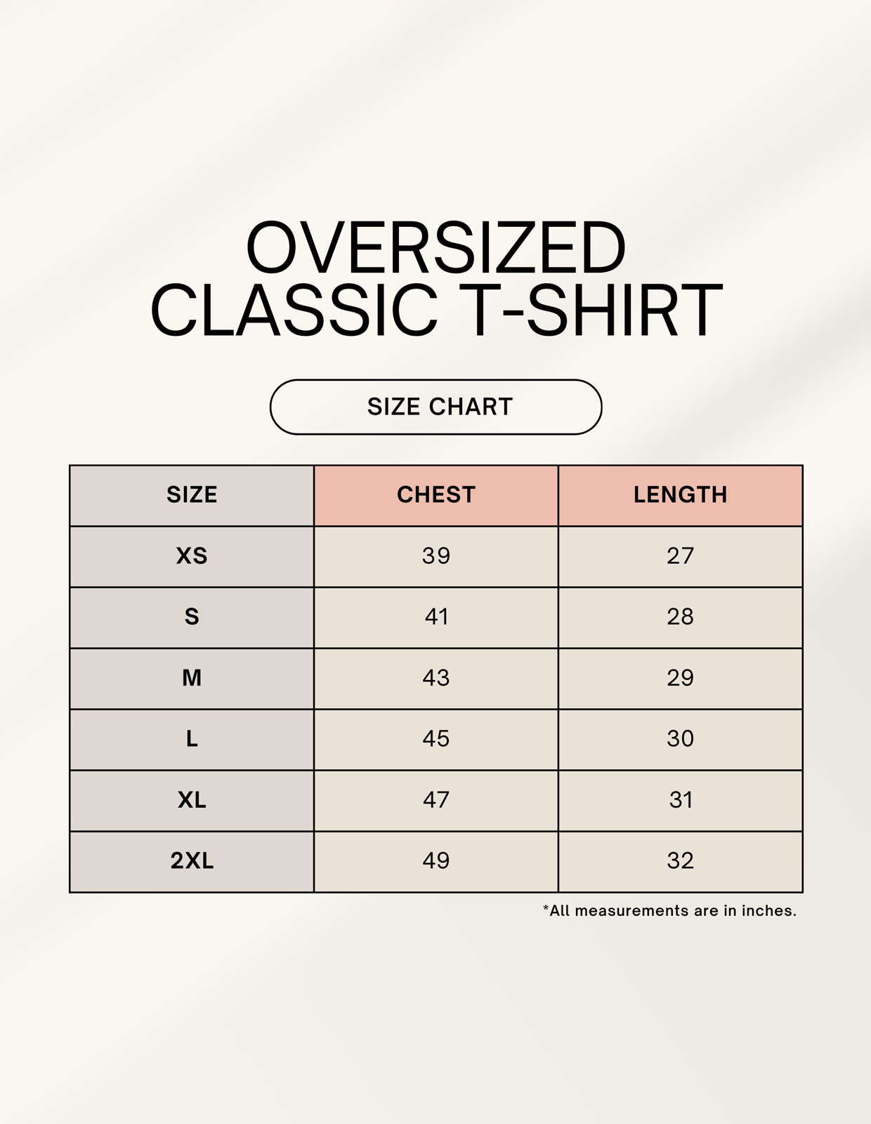 Goal physique oversized T-shirt size chart