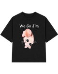 A black short-sleeve crewneck t-shirt featuring a graphic print of a pink rabbit lifting black dumbbells, with the white text 'We Go Jim' printed above it.