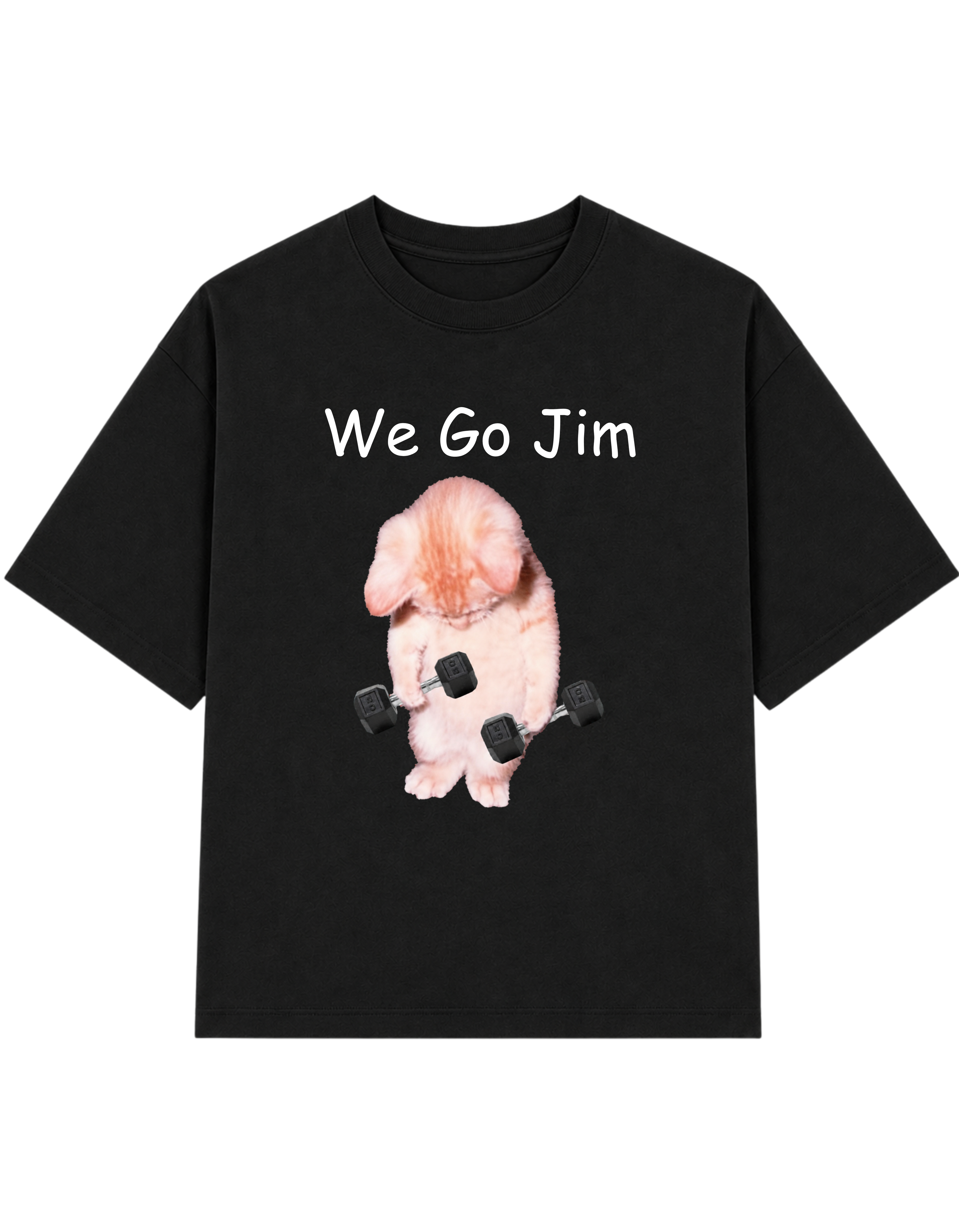 A black short-sleeve crewneck t-shirt featuring a graphic print of a pink rabbit lifting black dumbbells, with the white text 'We Go Jim' printed above it.